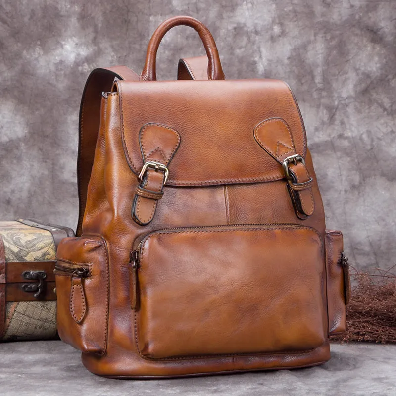 13" Cool Womens Brown Leather Backpack Purse Trendy Backpacks for Women