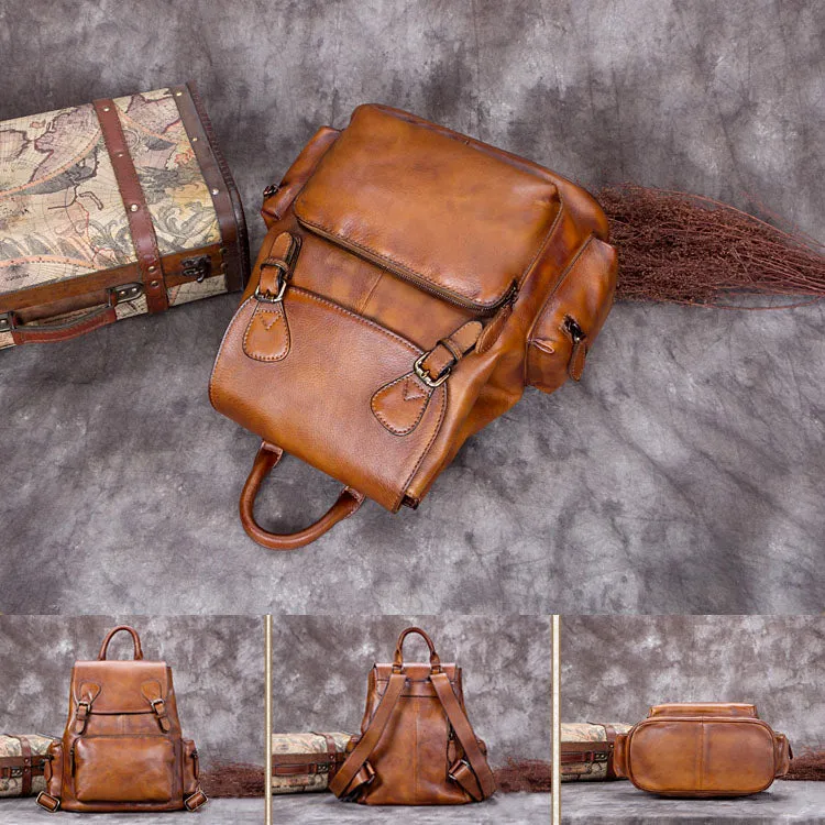 13" Cool Womens Brown Leather Backpack Purse Trendy Backpacks for Women