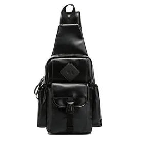 ABage Men's Sling Backpack Vintage Leather Chest Shoulder Bag Crossbody Pack Daypack, Black