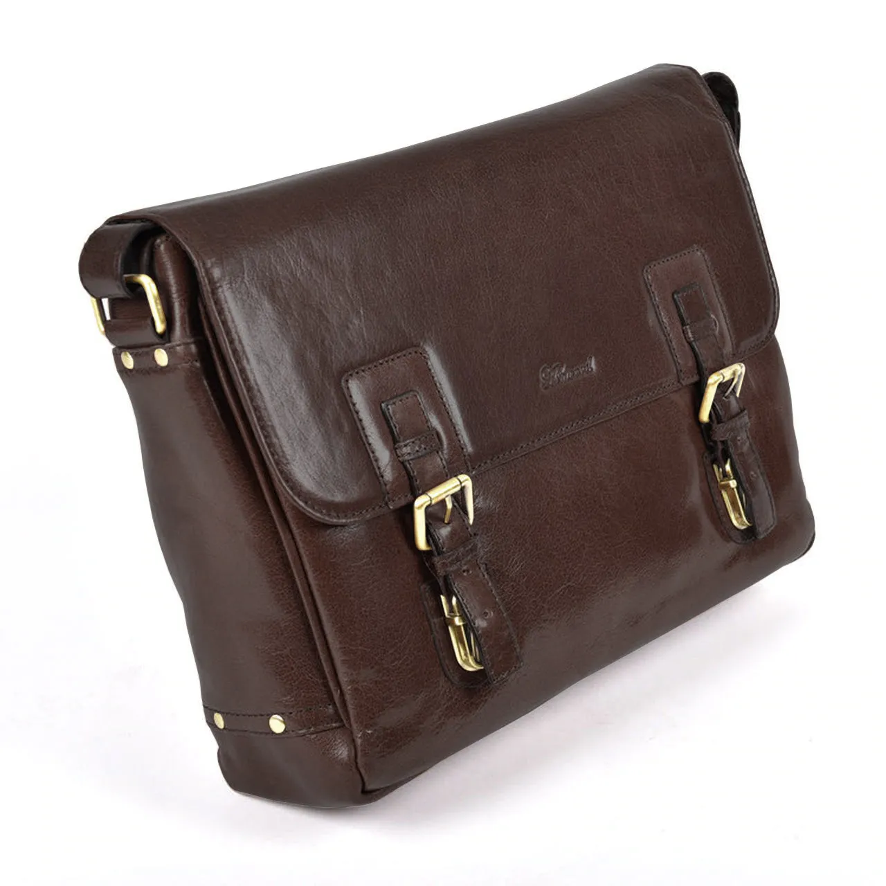 Ashwood Chelsea Jasper Double Clasp Brown Leather Laptop Satchel