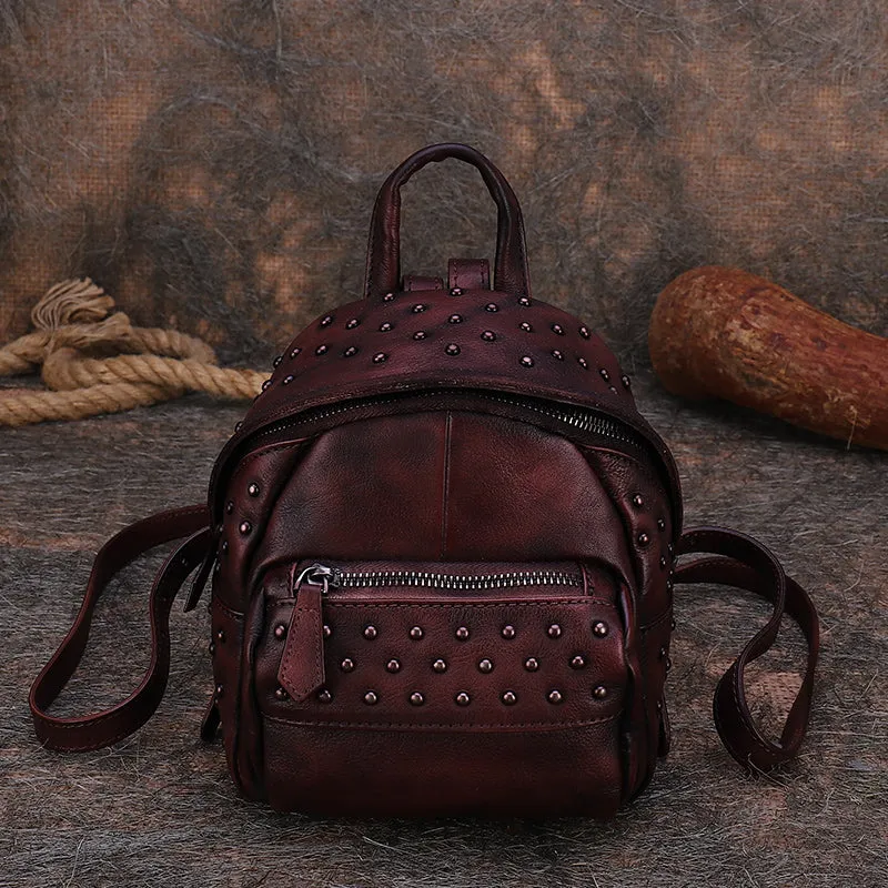 Best Vintage Rivets Leather Rucksack Bag Womens Small School Rucksack Leather Backpack Purse