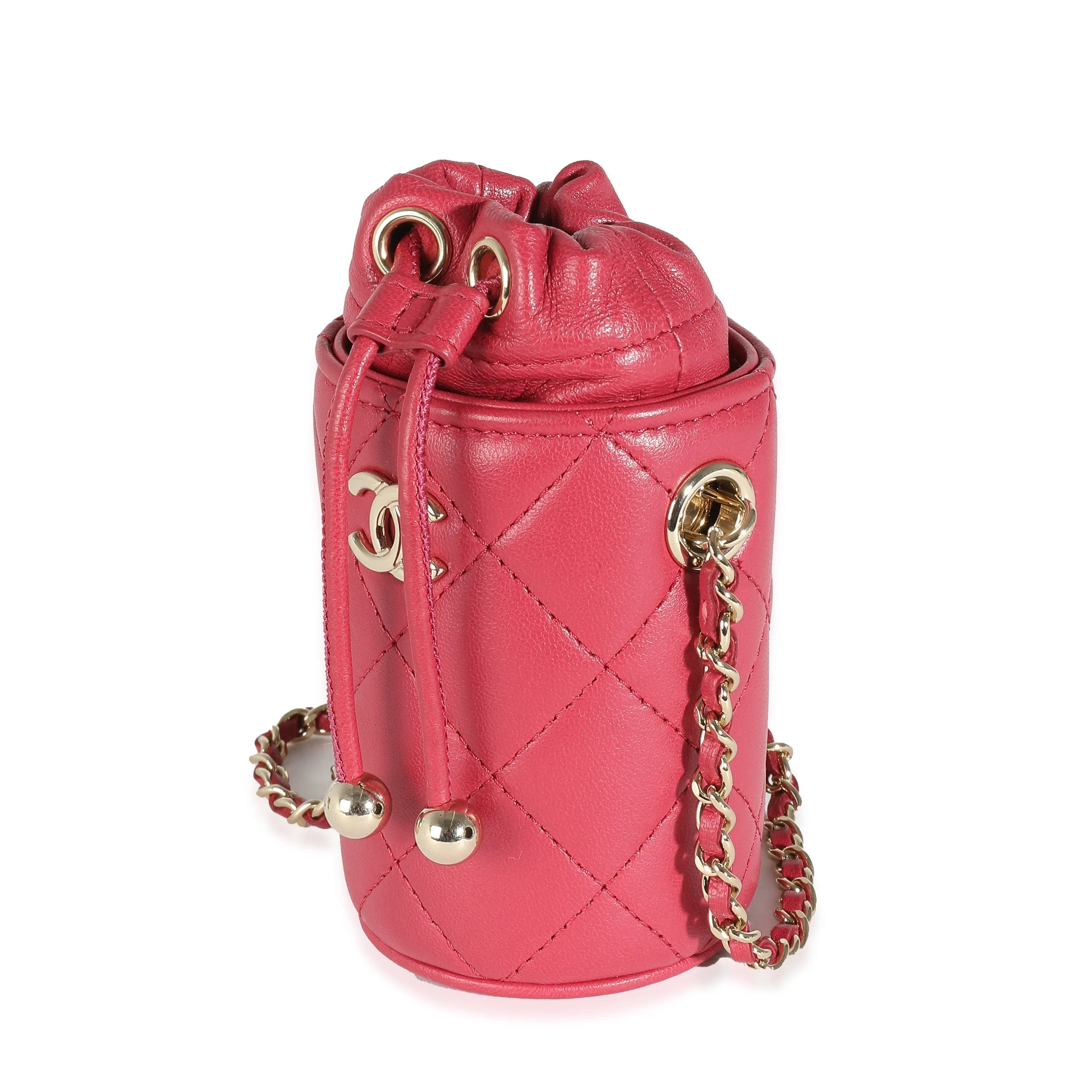 CHANEL Dark Pink Quilted Lambskin Micro Drawstring Bucket