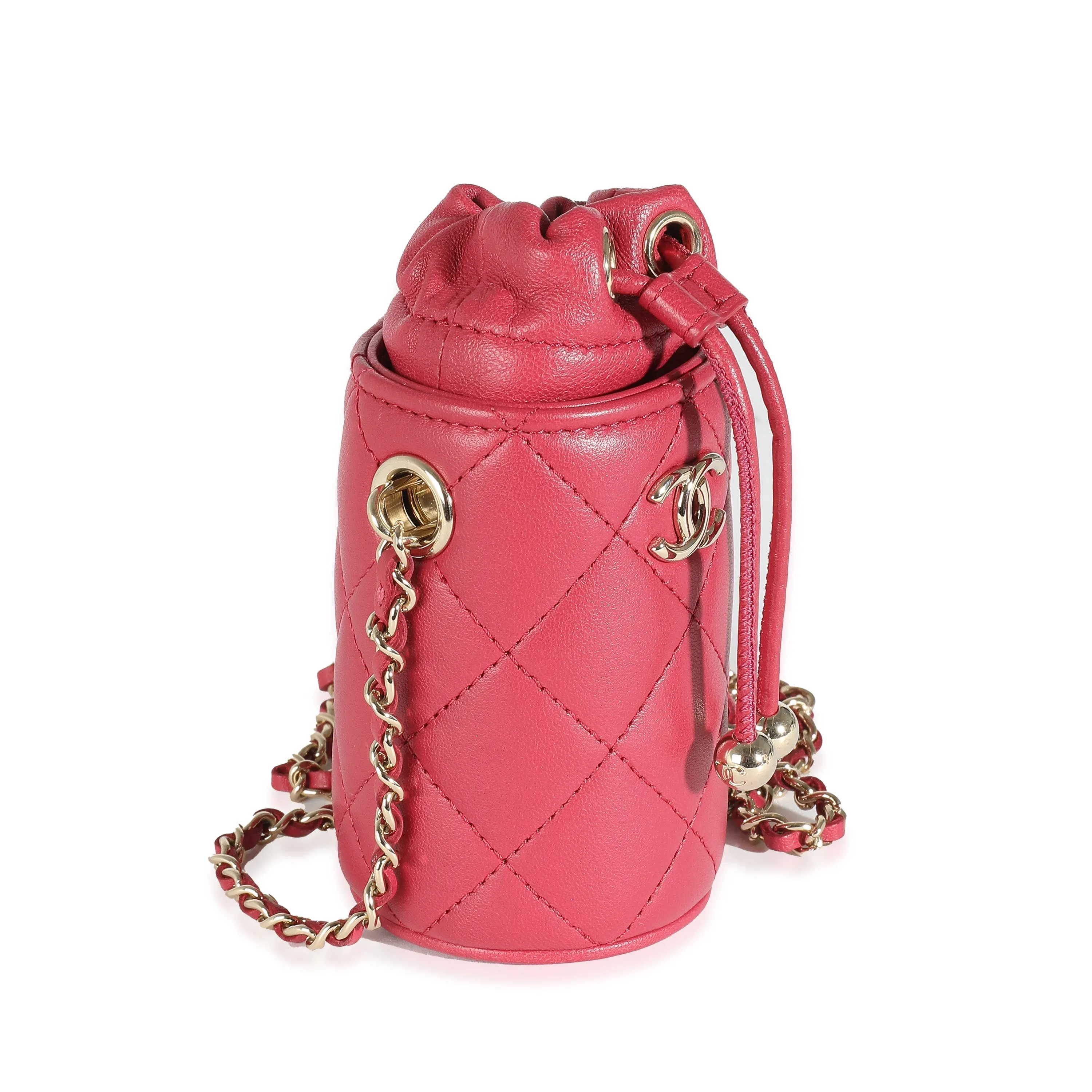 CHANEL Dark Pink Quilted Lambskin Micro Drawstring Bucket