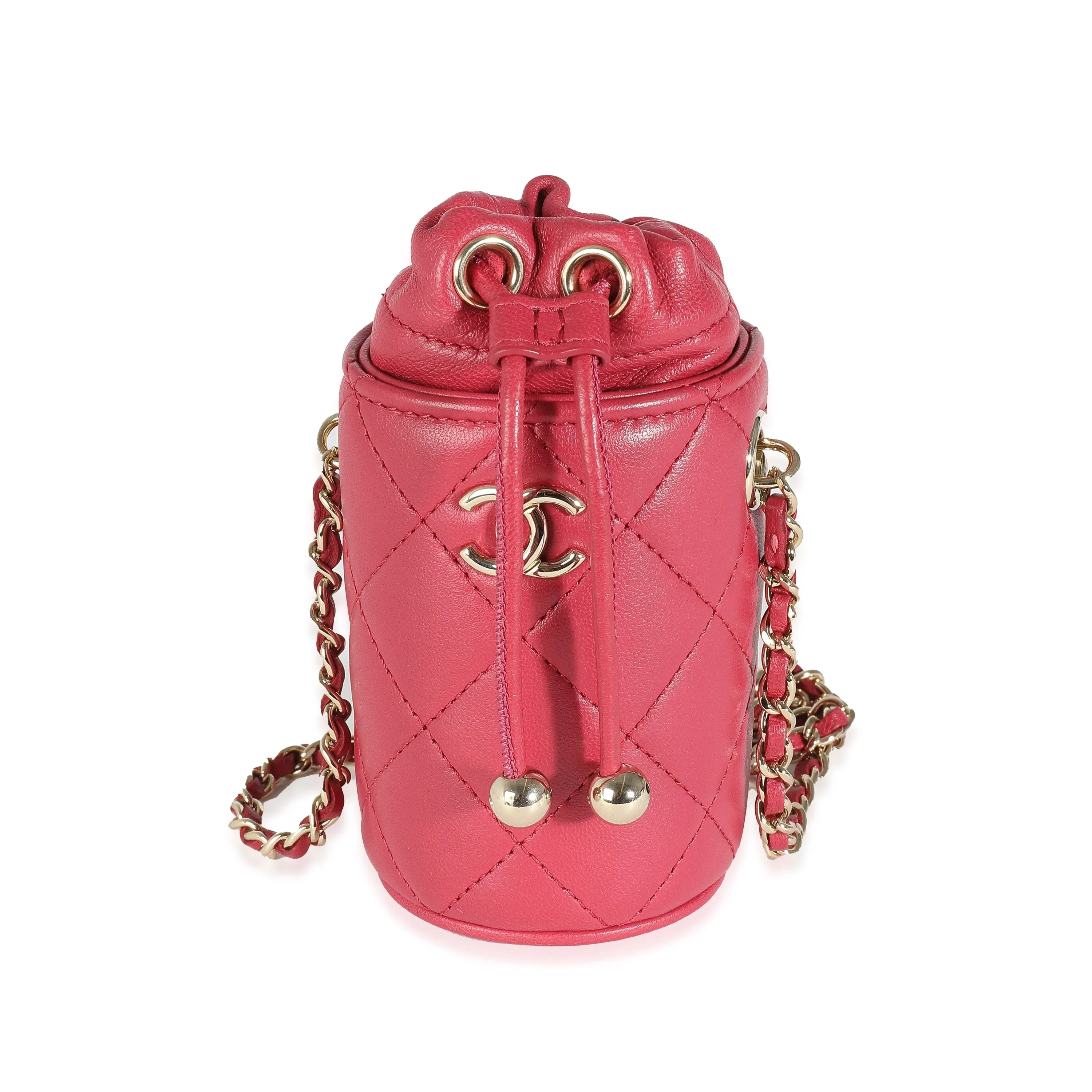 CHANEL Dark Pink Quilted Lambskin Micro Drawstring Bucket