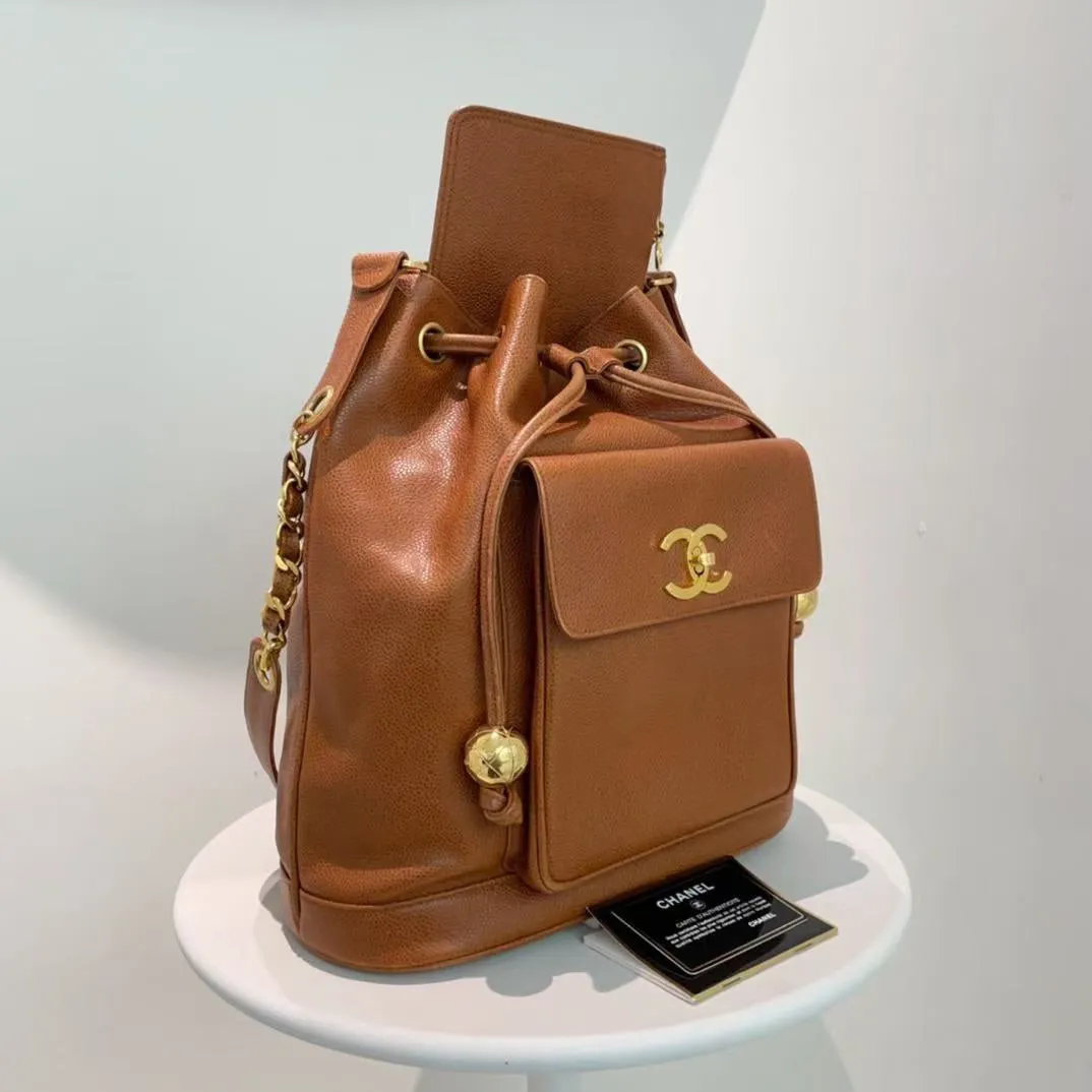 Chanel Vintage Brown Leather Drawstring Shoulder Bag 1994-1996