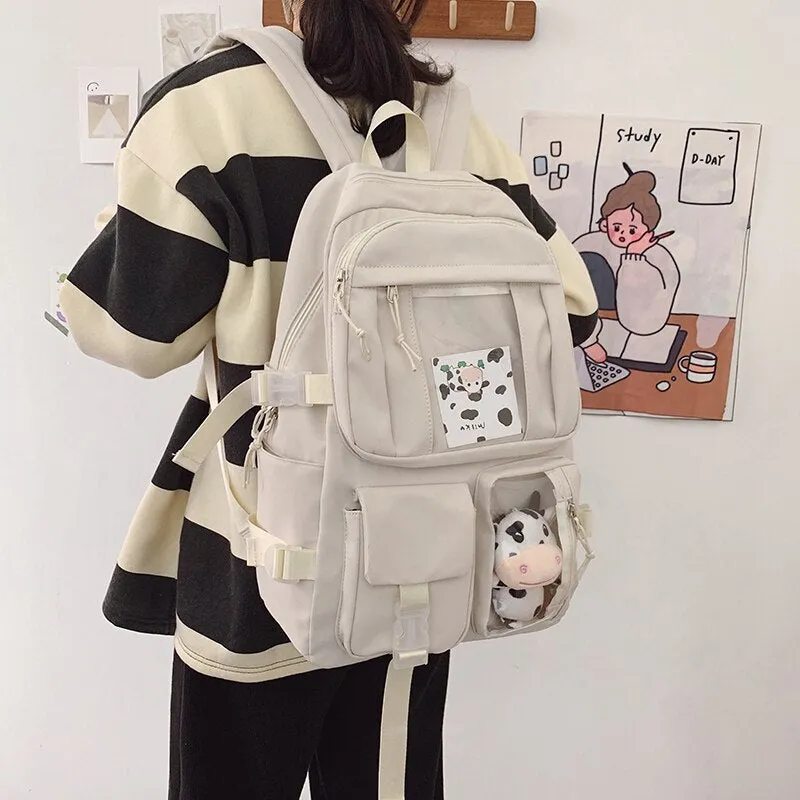 DCIMOR New Waterproof Nylon Women Backpack Female Multi-pocket Insert Buckle Travel Bag Transparent Pocket Solid Color Schoolbag