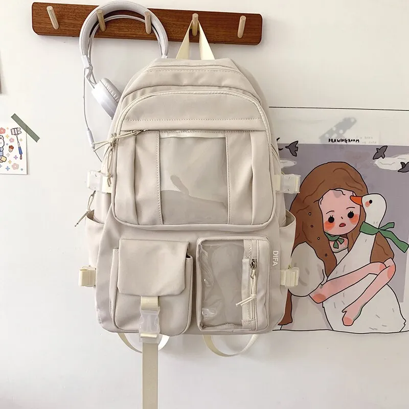 DCIMOR New Waterproof Nylon Women Backpack Female Multi-pocket Insert Buckle Travel Bag Transparent Pocket Solid Color Schoolbag