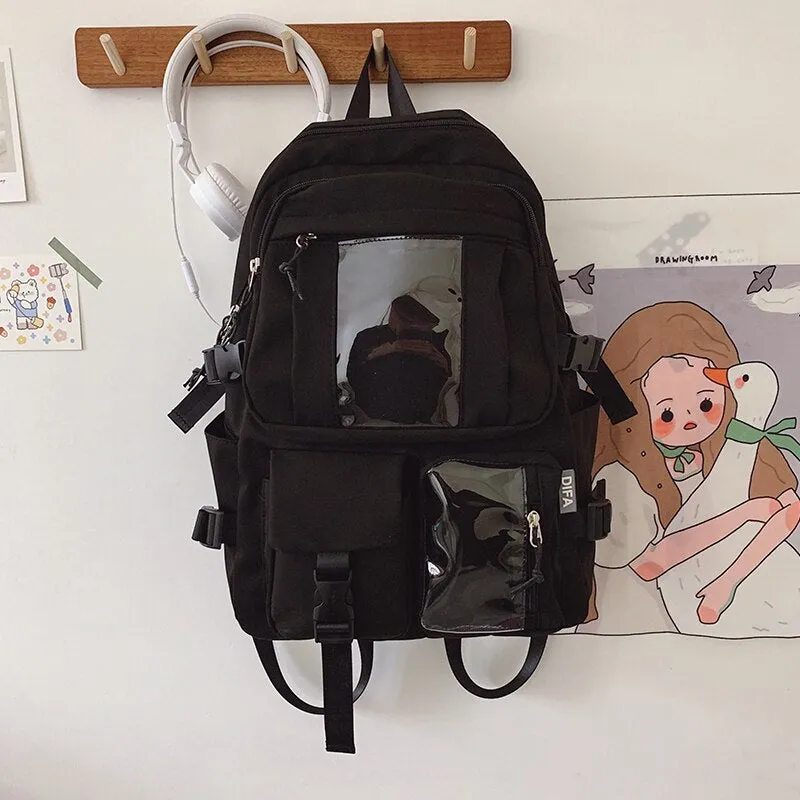DCIMOR New Waterproof Nylon Women Backpack Female Multi-pocket Insert Buckle Travel Bag Transparent Pocket Solid Color Schoolbag