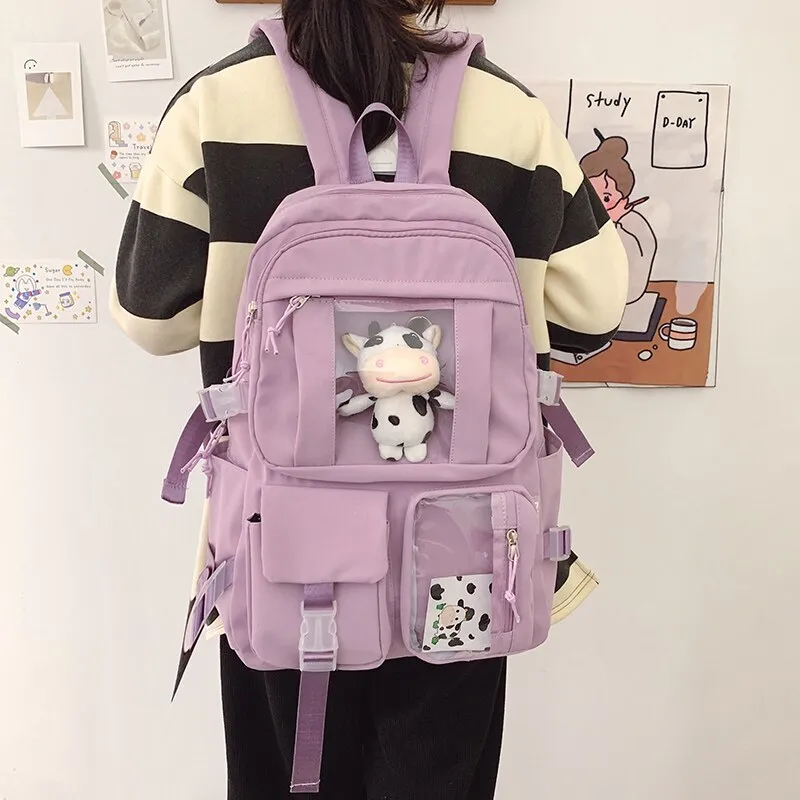 DCIMOR New Waterproof Nylon Women Backpack Female Multi-pocket Insert Buckle Travel Bag Transparent Pocket Solid Color Schoolbag