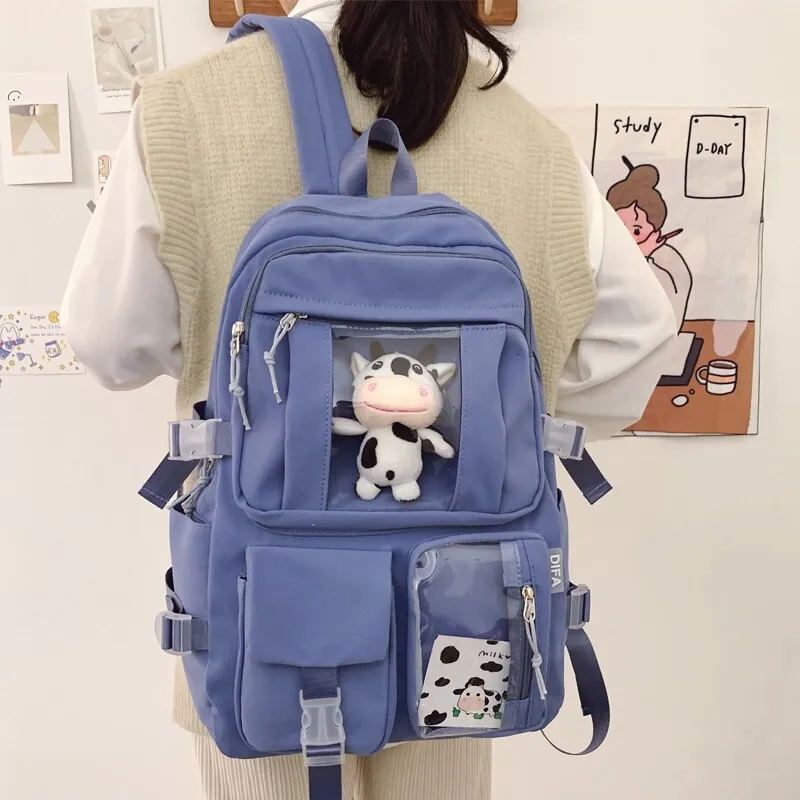 DCIMOR New Waterproof Nylon Women Backpack Female Multi-pocket Insert Buckle Travel Bag Transparent Pocket Solid Color Schoolbag