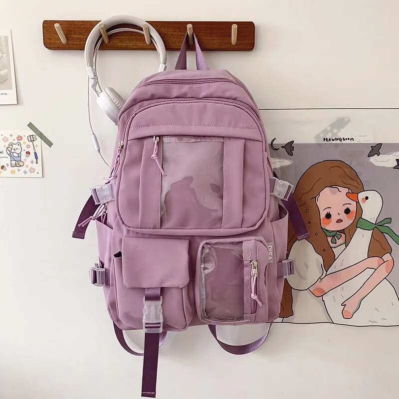DCIMOR New Waterproof Nylon Women Backpack Female Multi-pocket Insert Buckle Travel Bag Transparent Pocket Solid Color Schoolbag