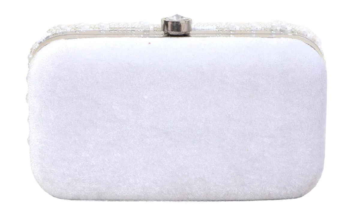 DUCHESS Women's Velvet Pearl Box Clutch with Detachable Chain Sling Strap - Hand Clutch Wallet Purse for Wedding Party, Casual (White, 7 x2x 4 inches)