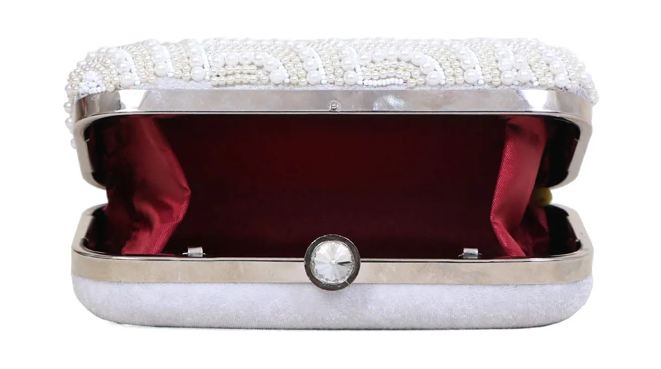 DUCHESS Women's Velvet Pearl Box Clutch with Detachable Chain Sling Strap - Hand Clutch Wallet Purse for Wedding Party, Casual (White, 7 x2x 4 inches)