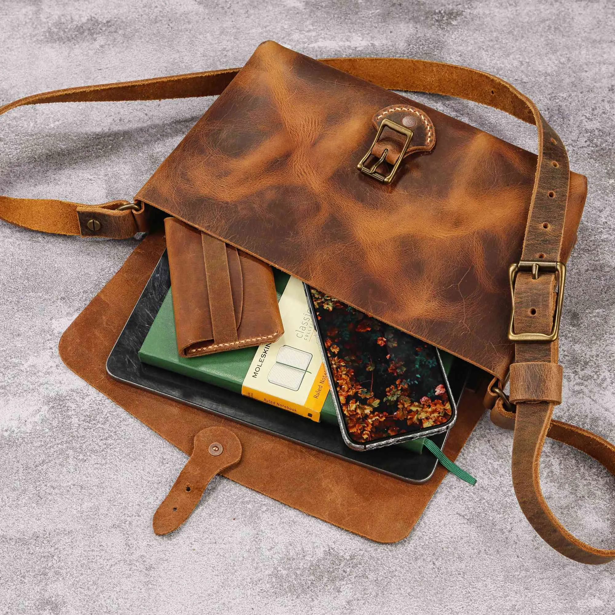 Genuine leather mens stachel bag , small minimal designer messenger shoulder bag