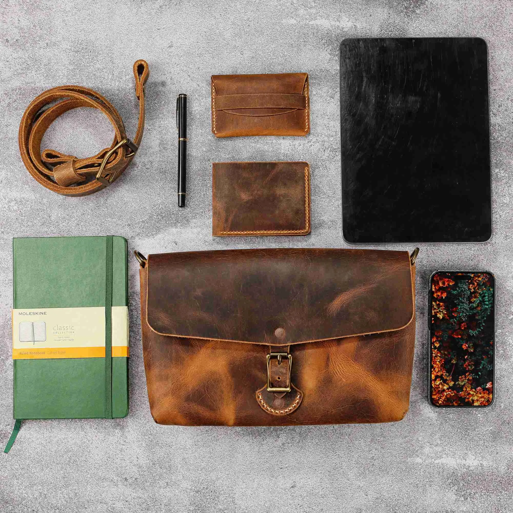Genuine leather mens stachel bag , small minimal designer messenger shoulder bag