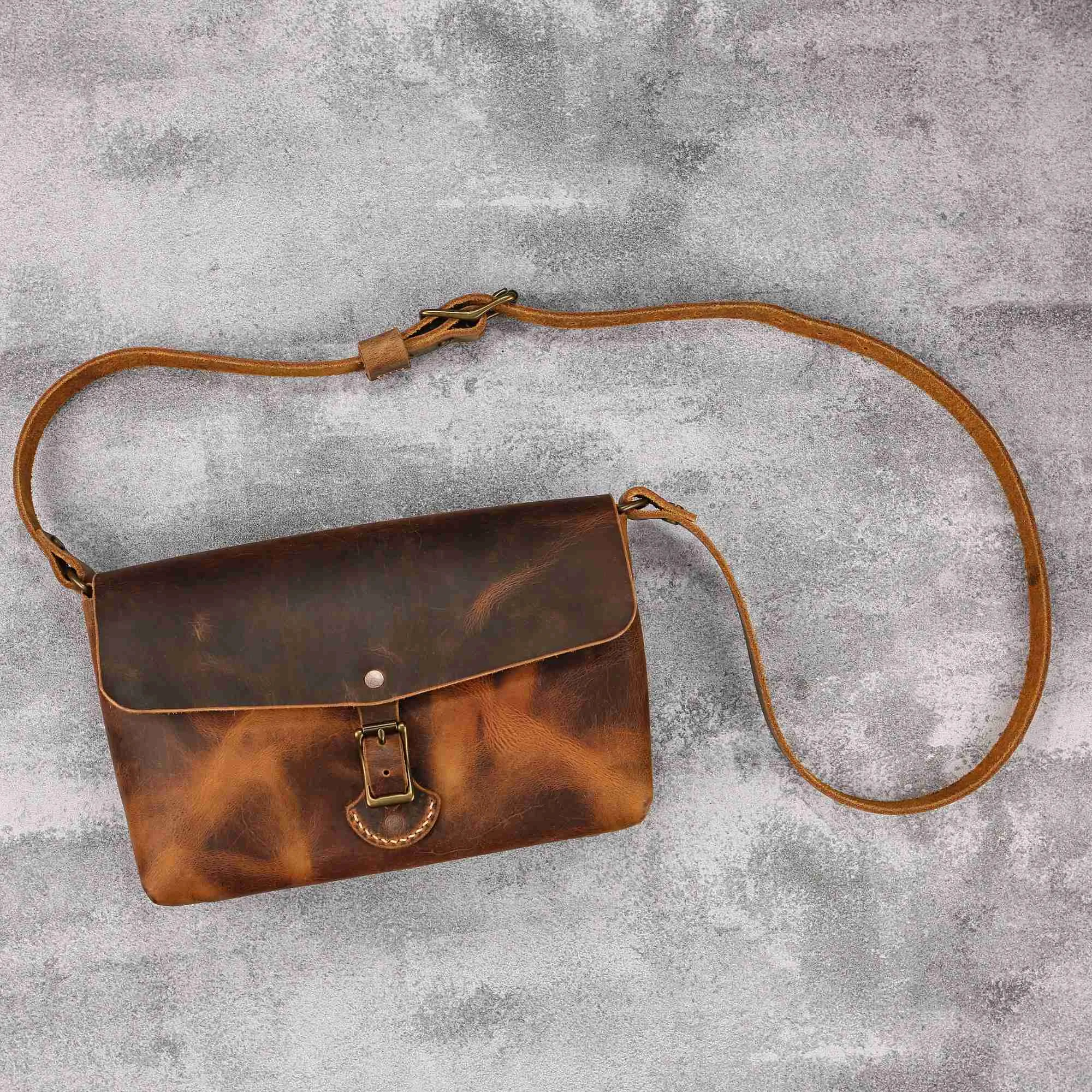 Genuine leather mens stachel bag , small minimal designer messenger shoulder bag