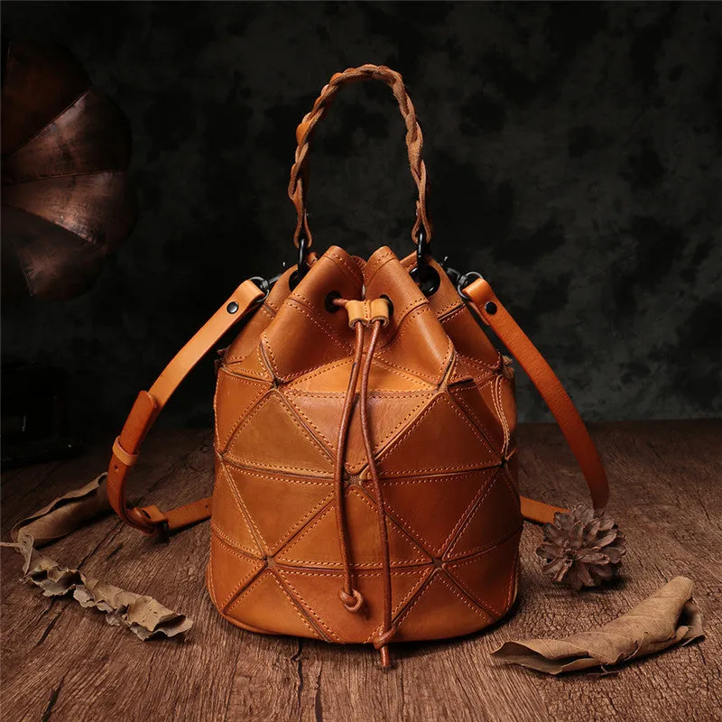 Genuine Pathwork Leather Drawstring Bucket Bags