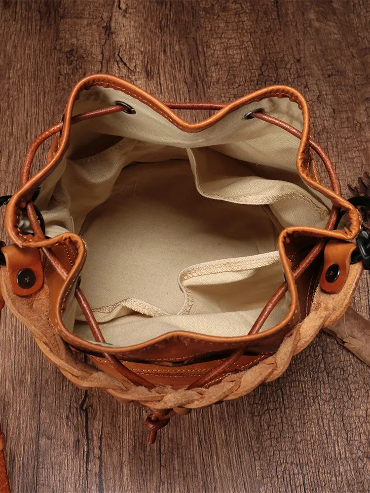Genuine Pathwork Leather Drawstring Bucket Bags