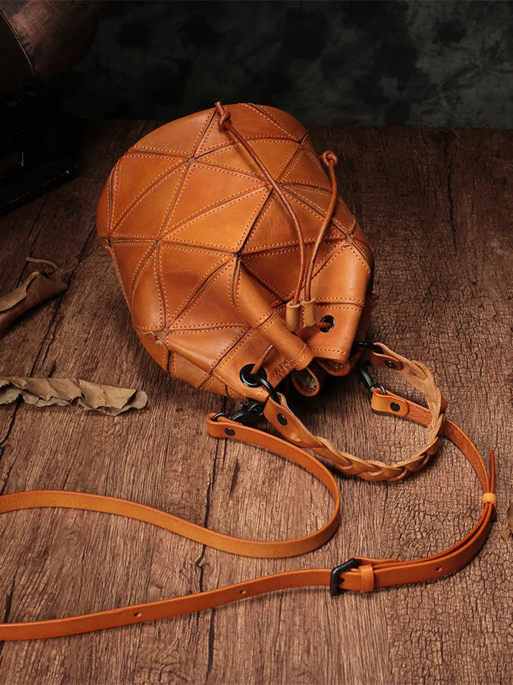Genuine Pathwork Leather Drawstring Bucket Bags