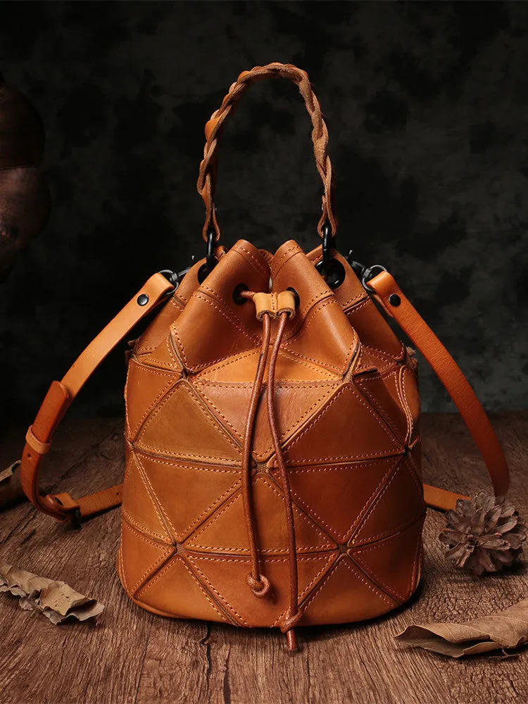 Genuine Pathwork Leather Drawstring Bucket Bags