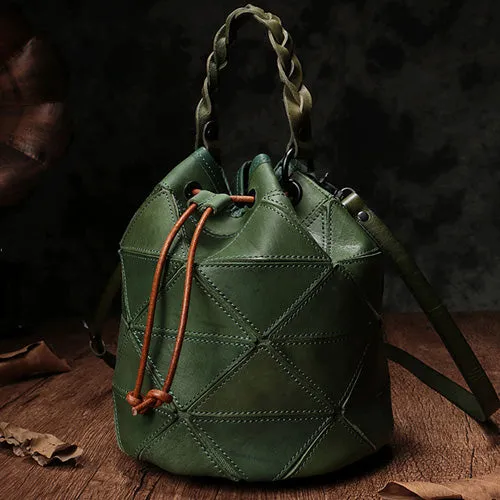 Genuine Pathwork Leather Drawstring Bucket Bags