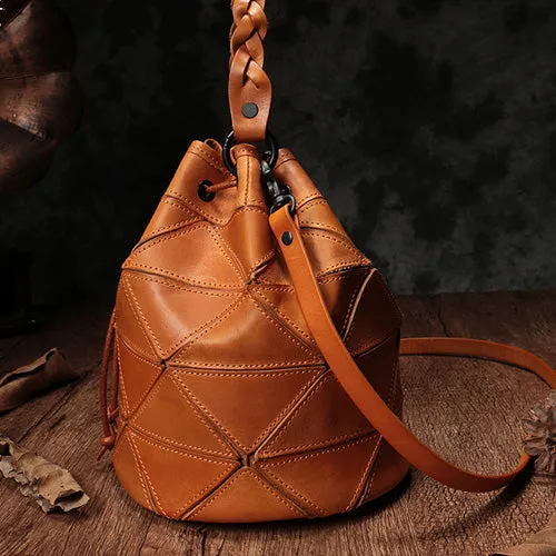 Genuine Pathwork Leather Drawstring Bucket Bags