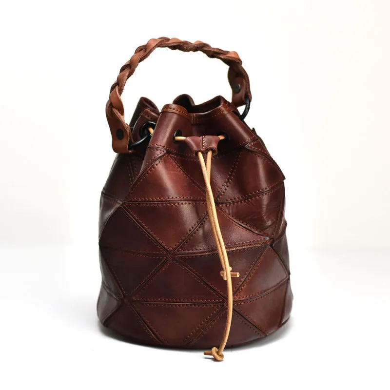 Genuine Pathwork Leather Drawstring Bucket Bags