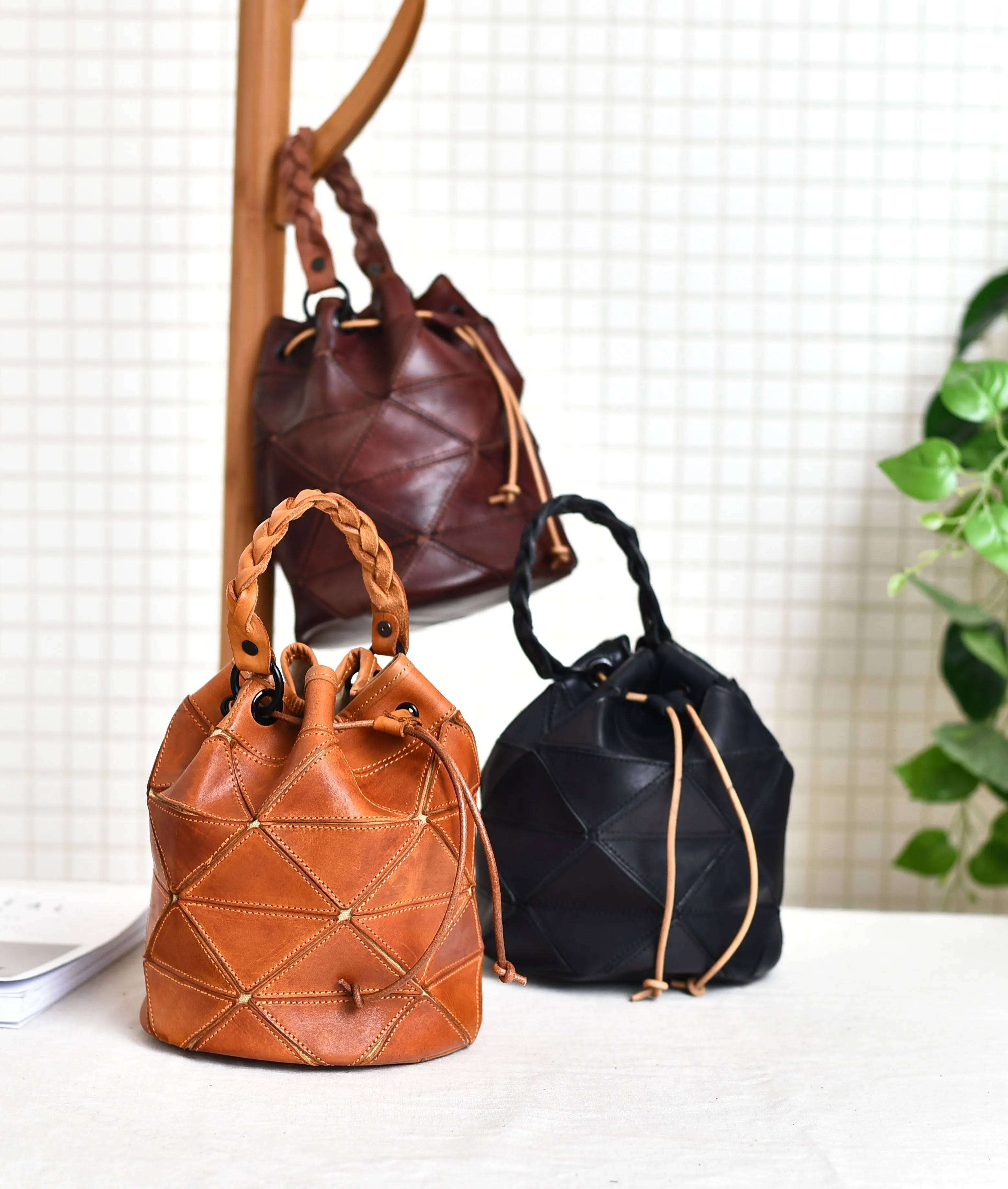 Genuine Pathwork Leather Drawstring Bucket Bags