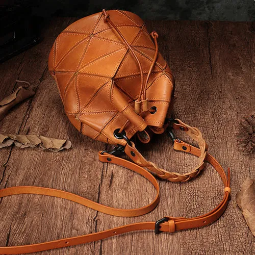 Genuine Pathwork Leather Drawstring Bucket Bags