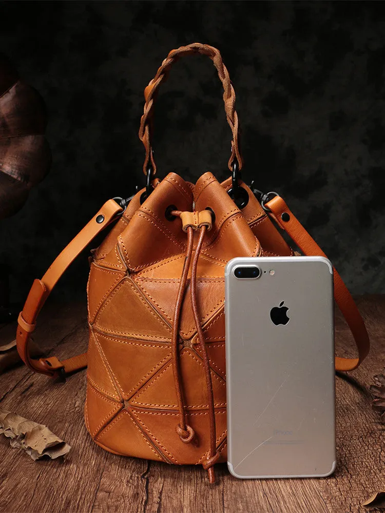 Genuine Pathwork Leather Drawstring Bucket Bags