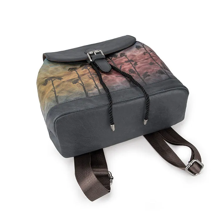 Handmade Womens Brown Leather Flap Backpack Purse Drawstring Backpacks for Women