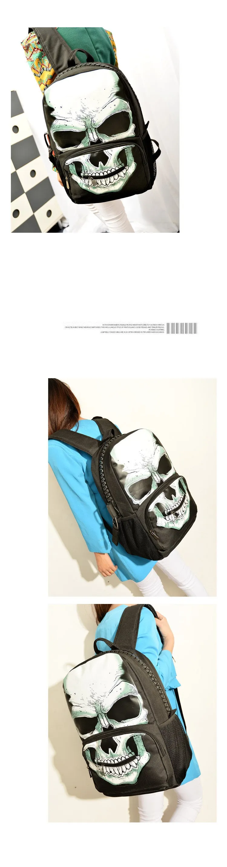 High-Capacity Fashion Skeleton Multiple Pockets School Backpack Bag