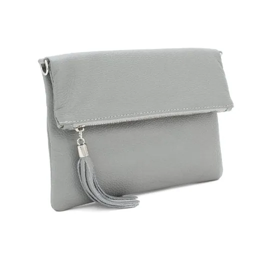 Light Grey Chiara Italian Designer Soft Foldover Leather Clutch