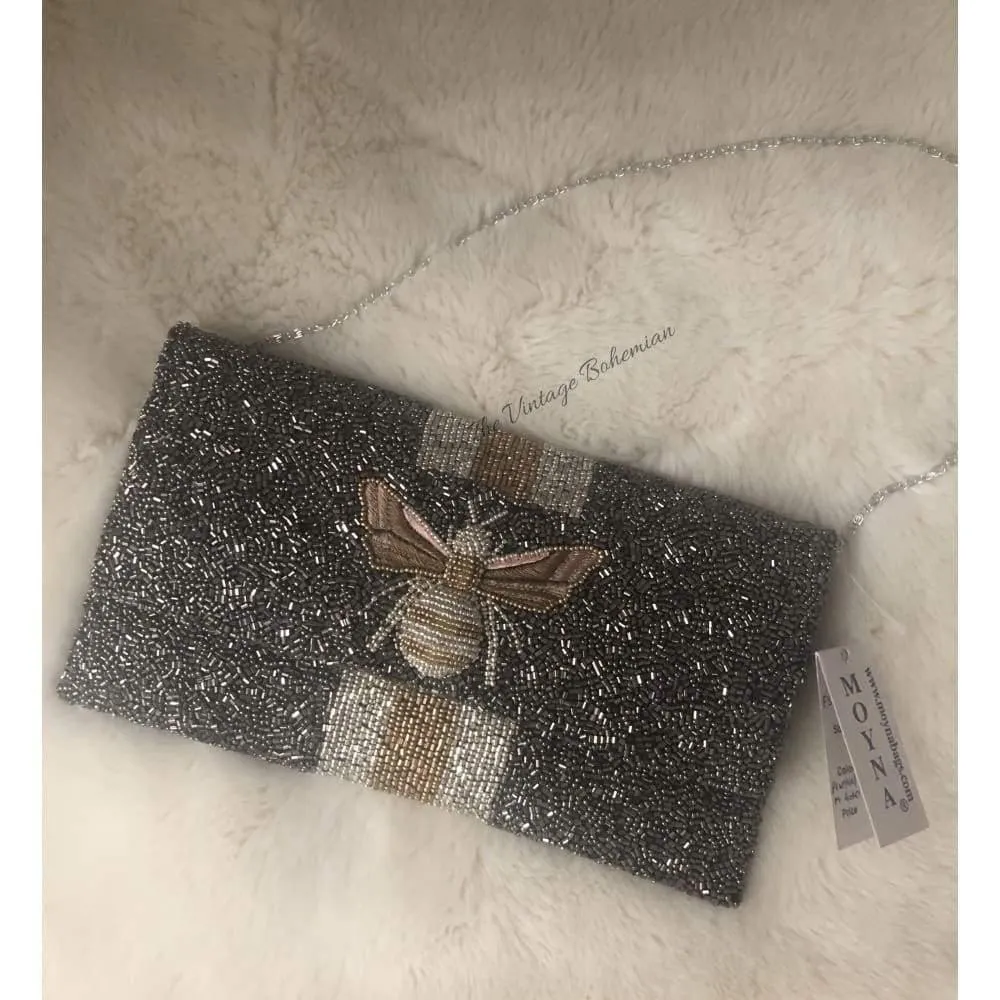 Moyna Beaded 3d Bee Clutch | Pewter with Gold/ Silver