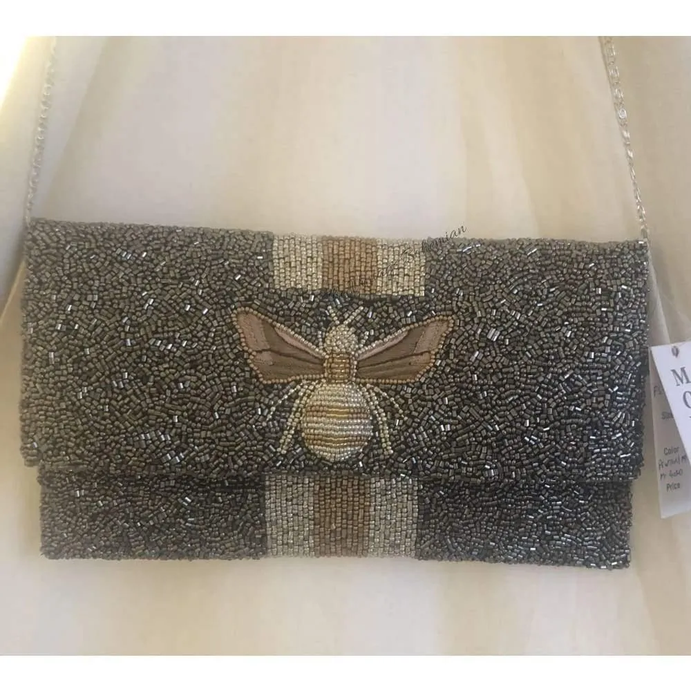 Moyna Beaded 3d Bee Clutch | Pewter with Gold/ Silver