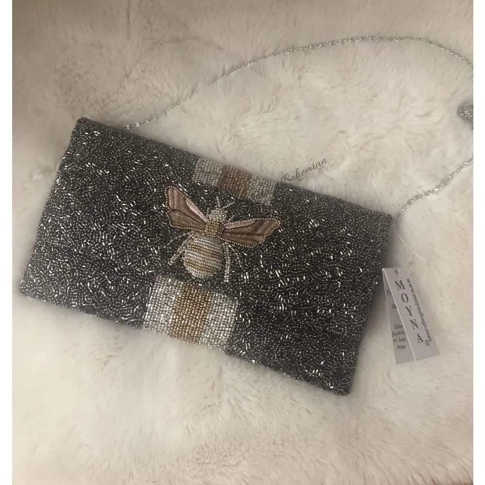 Moyna Beaded 3d Bee Clutch | Pewter with Gold/ Silver