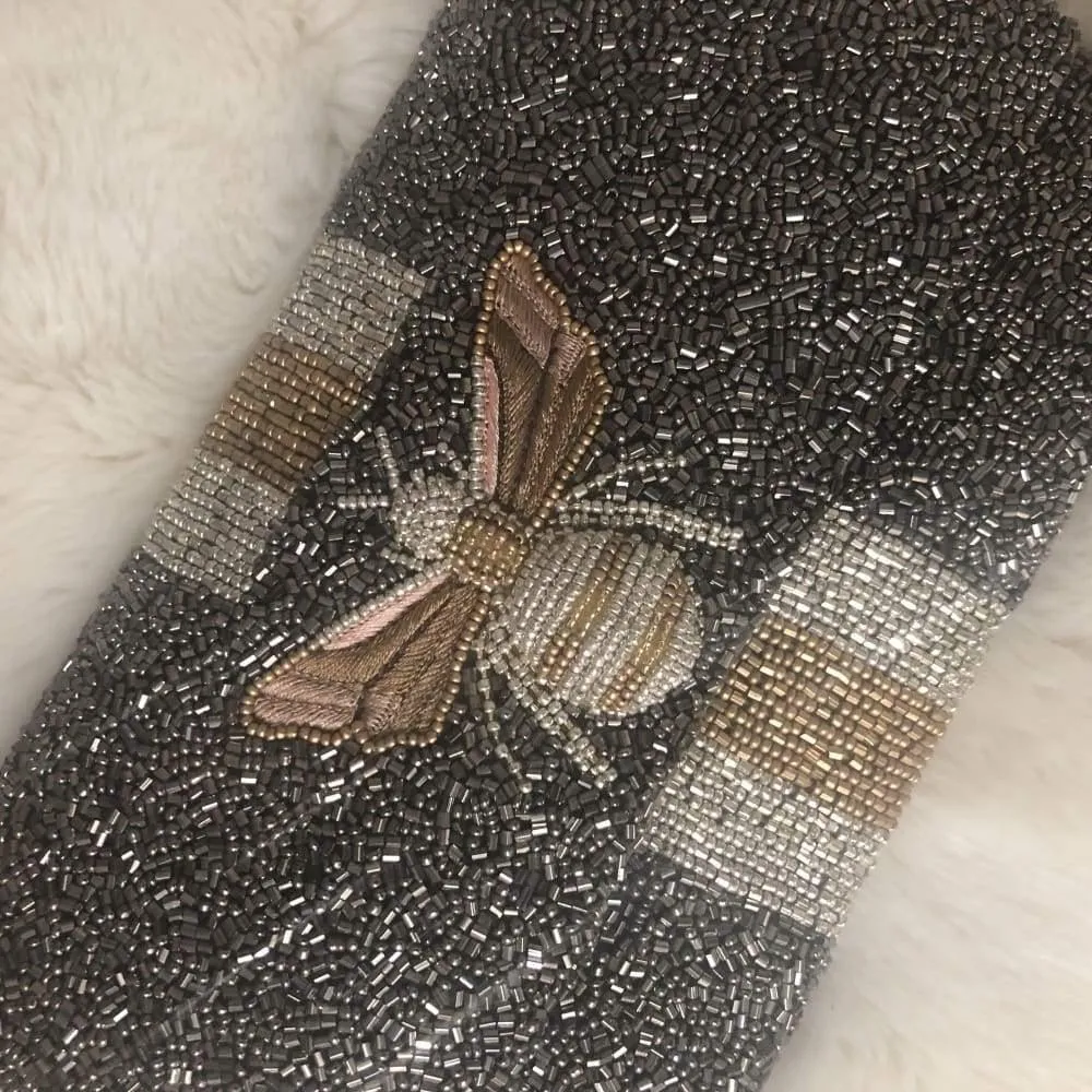Moyna Beaded 3d Bee Clutch | Pewter with Gold/ Silver