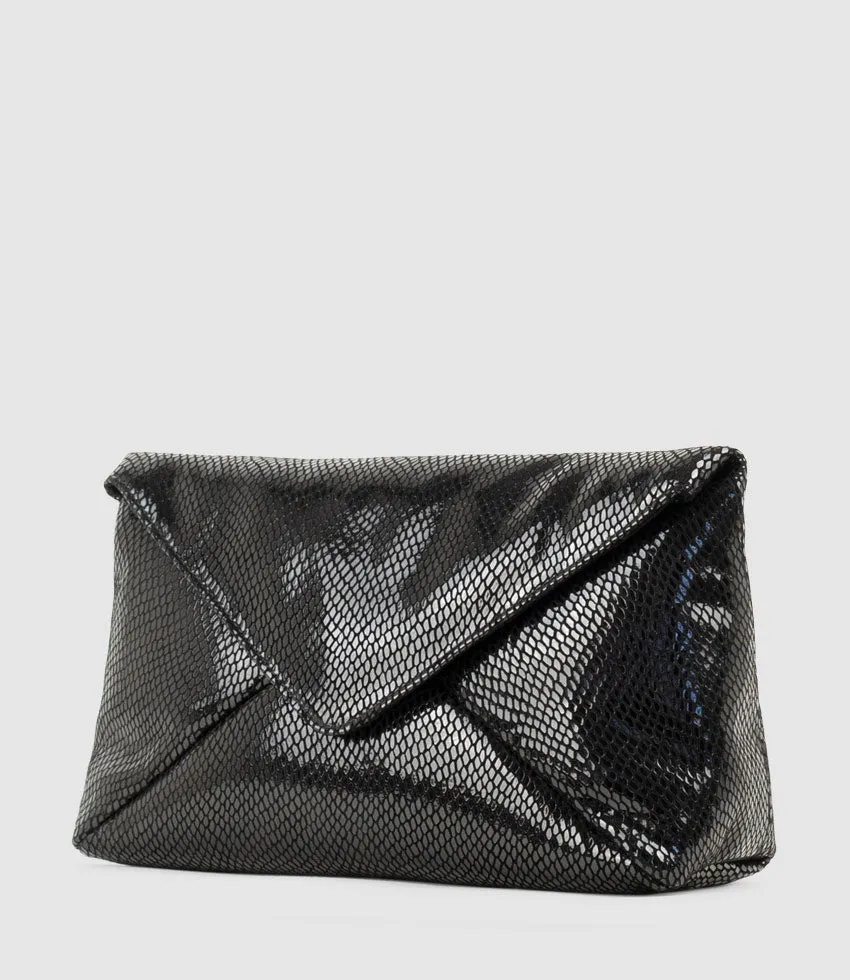 NERYS Envelope Clutch in Black Snake Suede