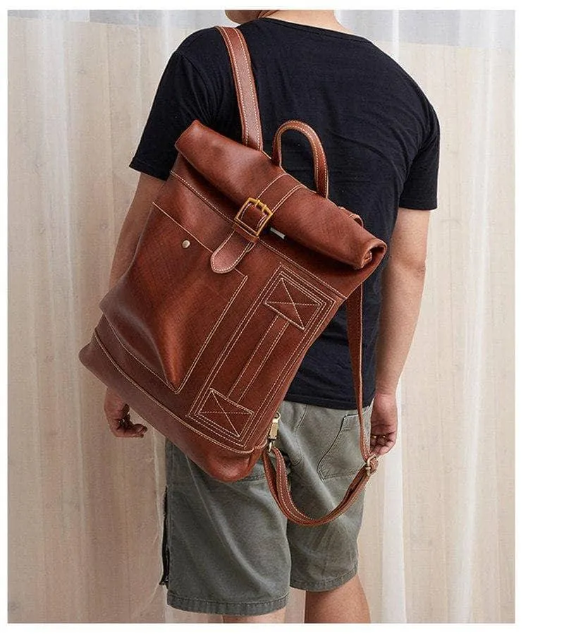 Nesitu Casual Vintage Genuine Leather Women Men's Backpacks 14''  Travel Bag