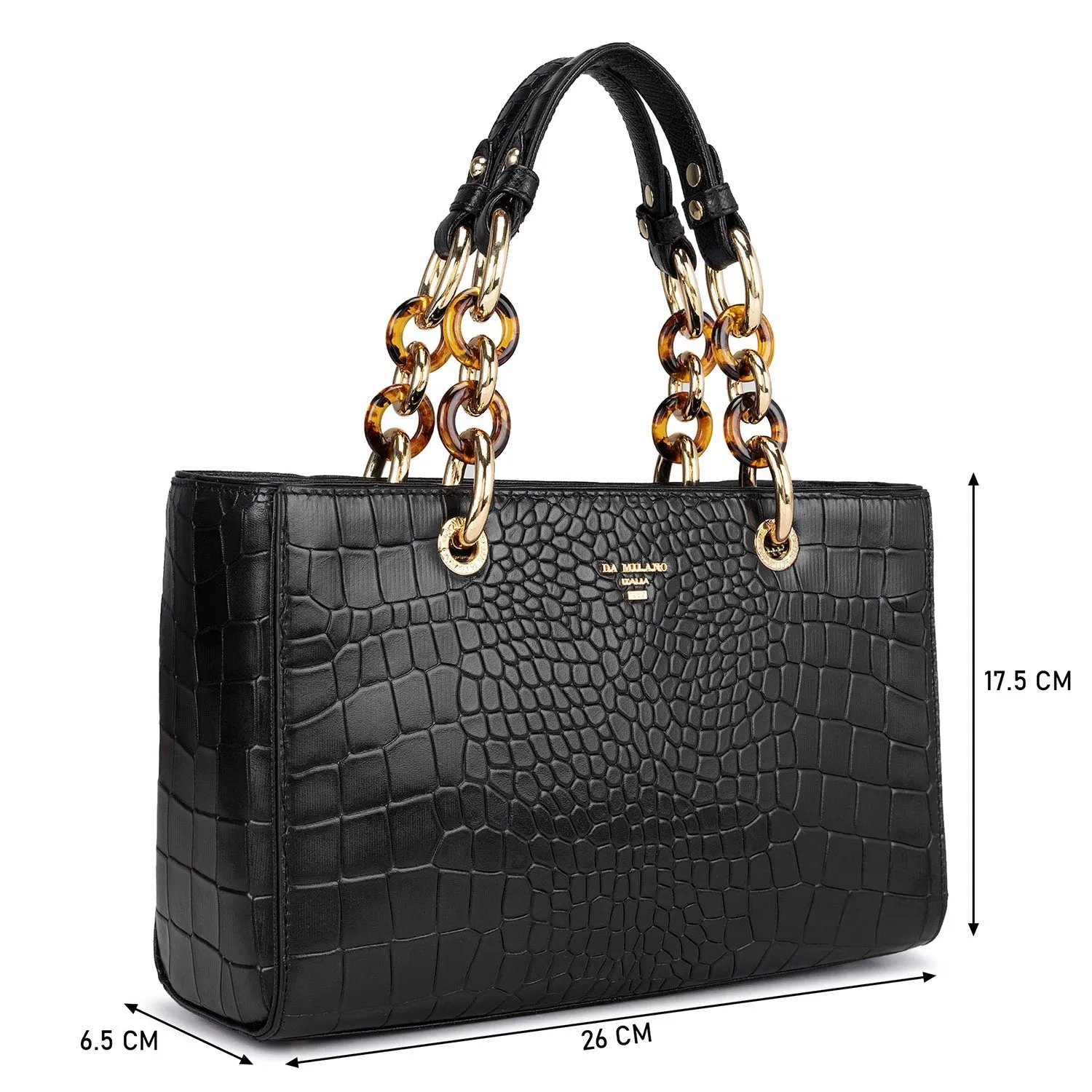 Small Croco Leather Satchel - Black