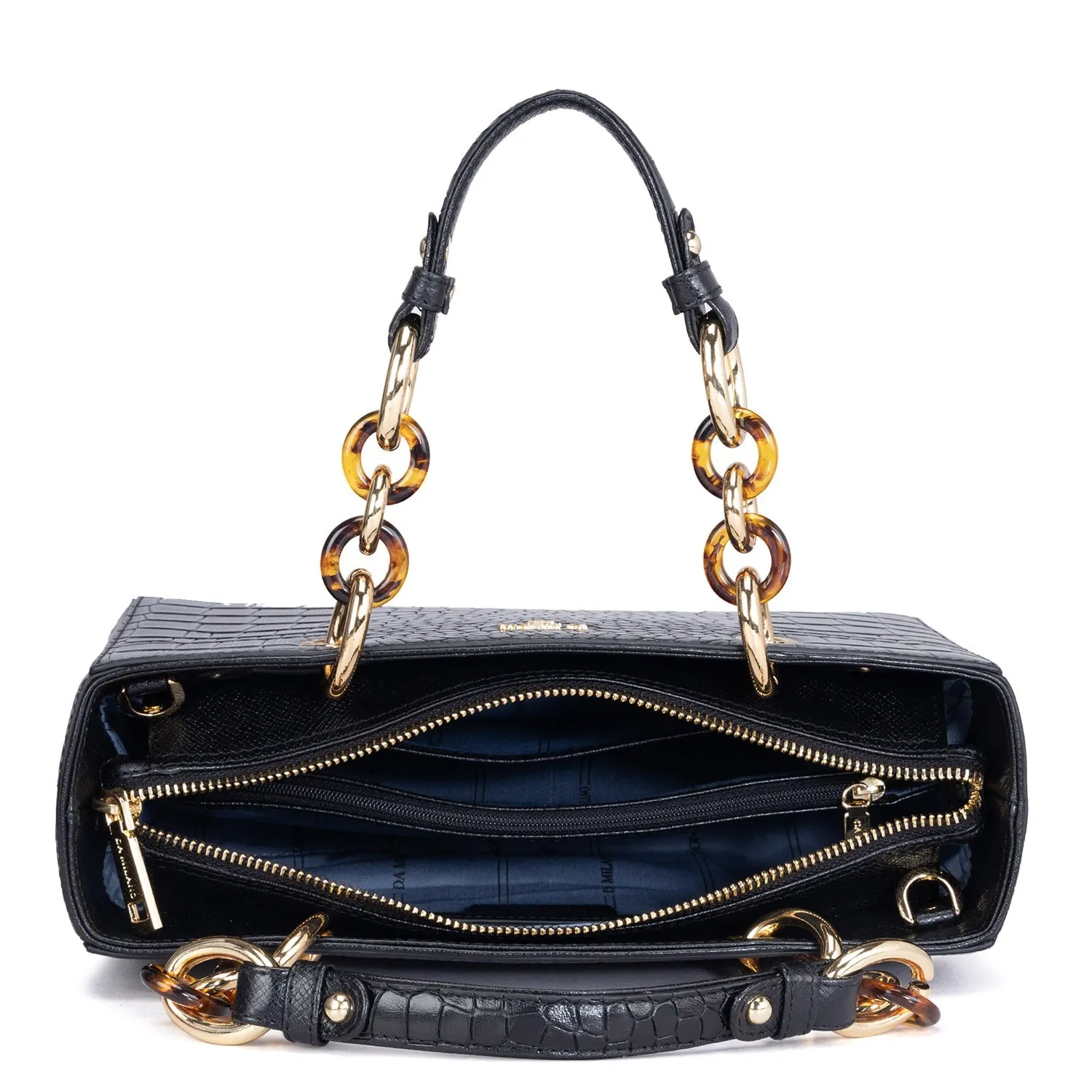 Small Croco Leather Satchel - Black