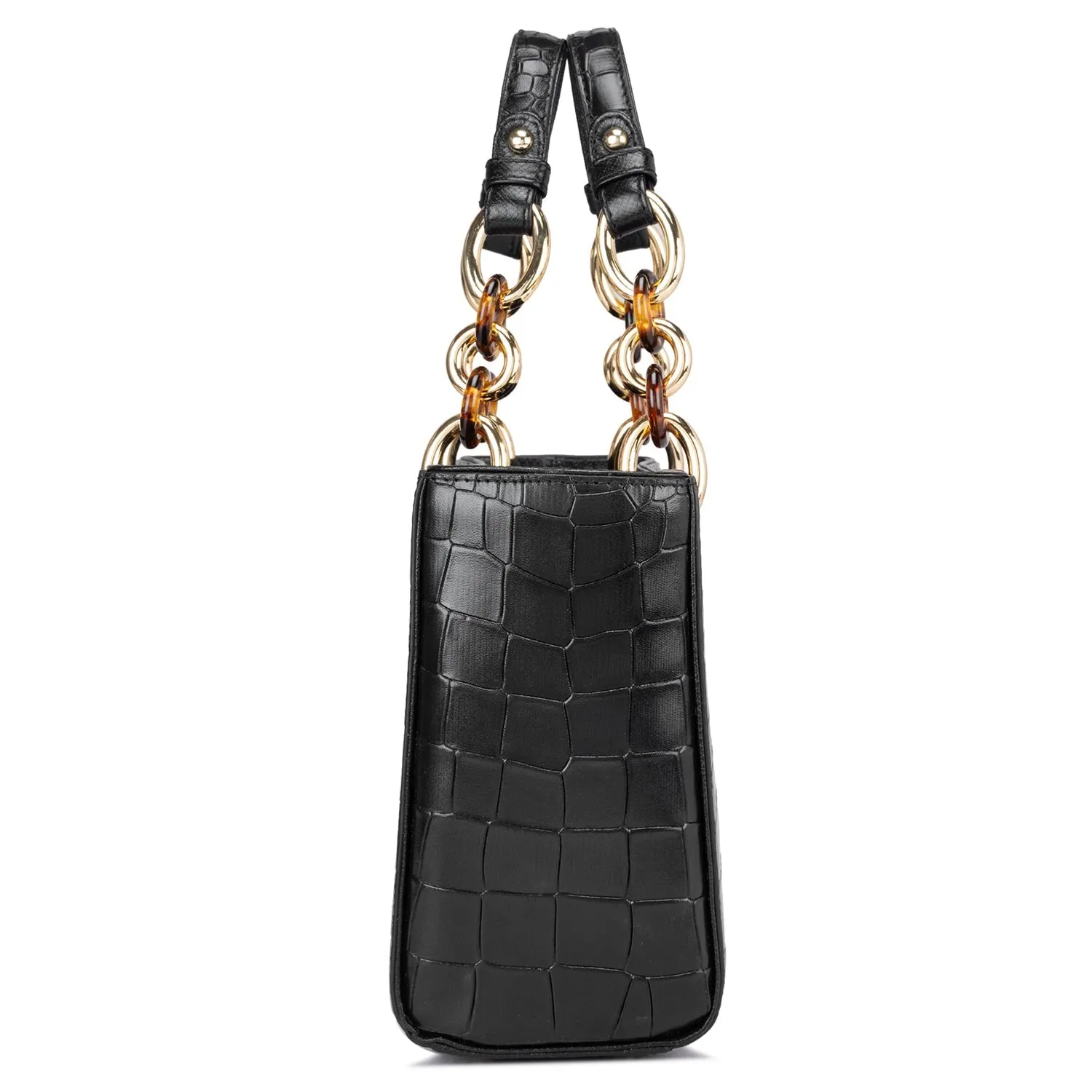 Small Croco Leather Satchel - Black