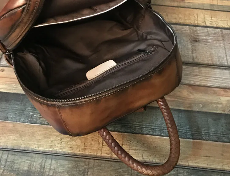 Vintage Ladies Leather Zip Backpack Purse Medium Leather Rucksack For Women