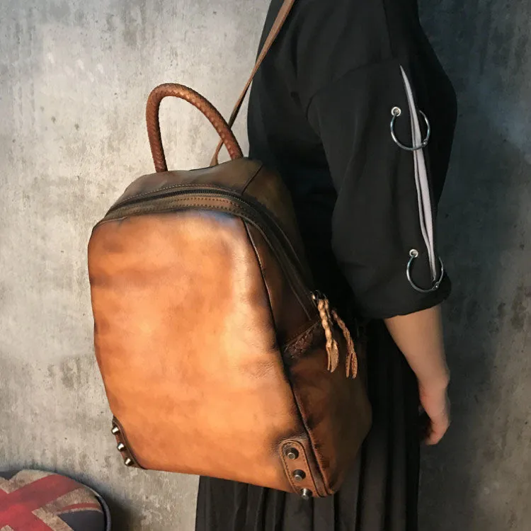 Vintage Ladies Leather Zip Backpack Purse Medium Leather Rucksack For Women