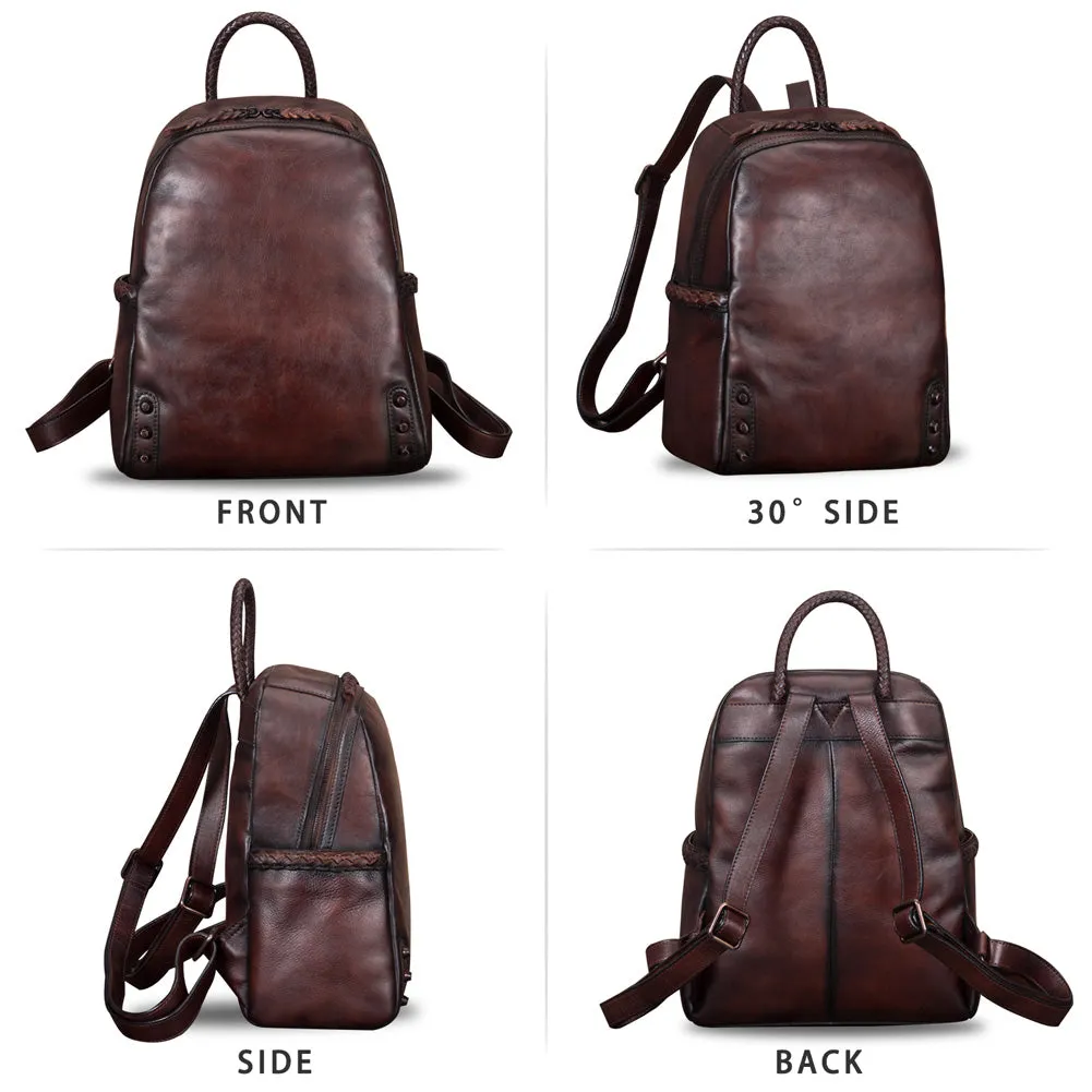 Vintage Ladies Leather Zip Backpack Purse Medium Leather Rucksack For Women
