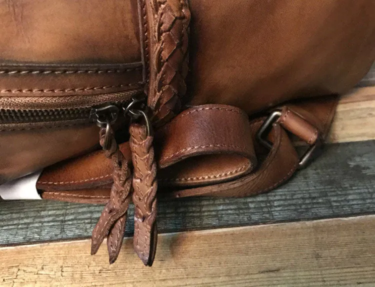 Vintage Ladies Leather Zip Backpack Purse Medium Leather Rucksack For Women