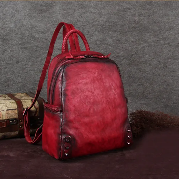 Vintage Ladies Leather Zip Backpack Purse Medium Leather Rucksack For Women