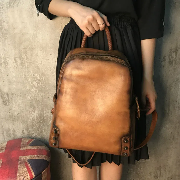 Vintage Ladies Leather Zip Backpack Purse Medium Leather Rucksack For Women