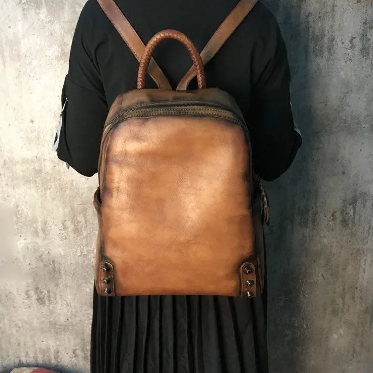 Vintage Ladies Leather Zip Backpack Purse Medium Leather Rucksack For Women