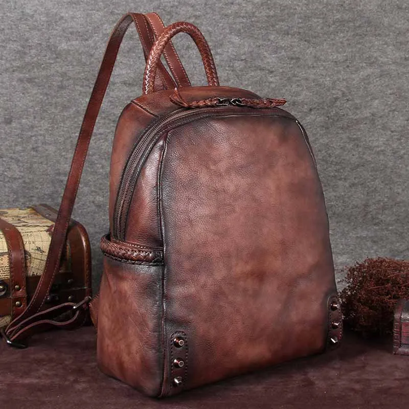 Vintage Ladies Leather Zip Backpack Purse Medium Leather Rucksack For Women